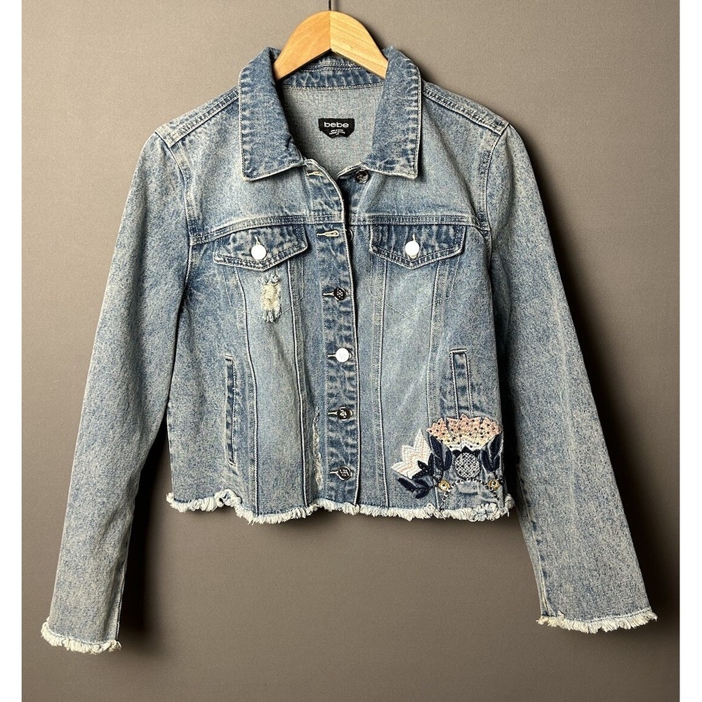 Bebe Jacket Large Embroidered Cropped Denim Distressed Frayed Hem - Picture 2 of 13